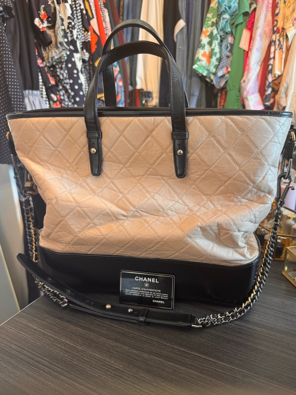 CHANEL Two-Tone Quilted Tote in Beige and Black